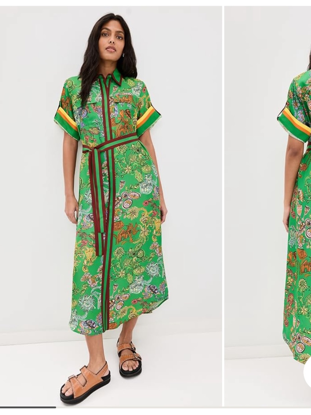 Alemais Green Printed Midi Shirt Dress with Brown Trim
